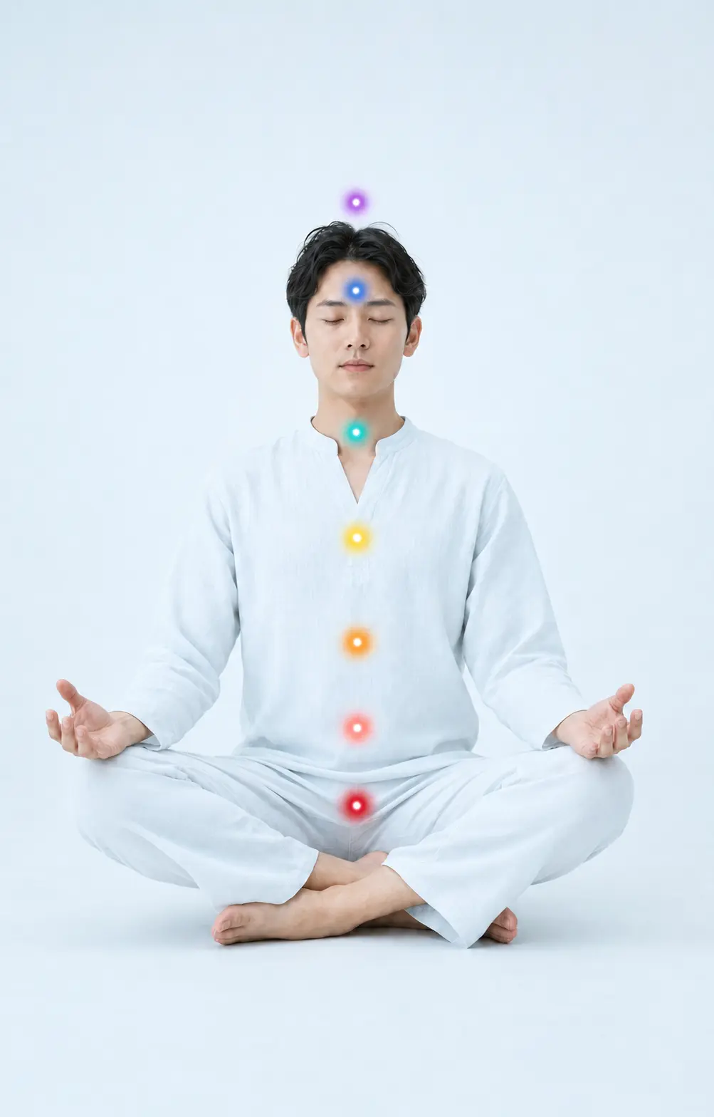 瞑想する人物の中心線上に、7色のポイントを示したイメージ